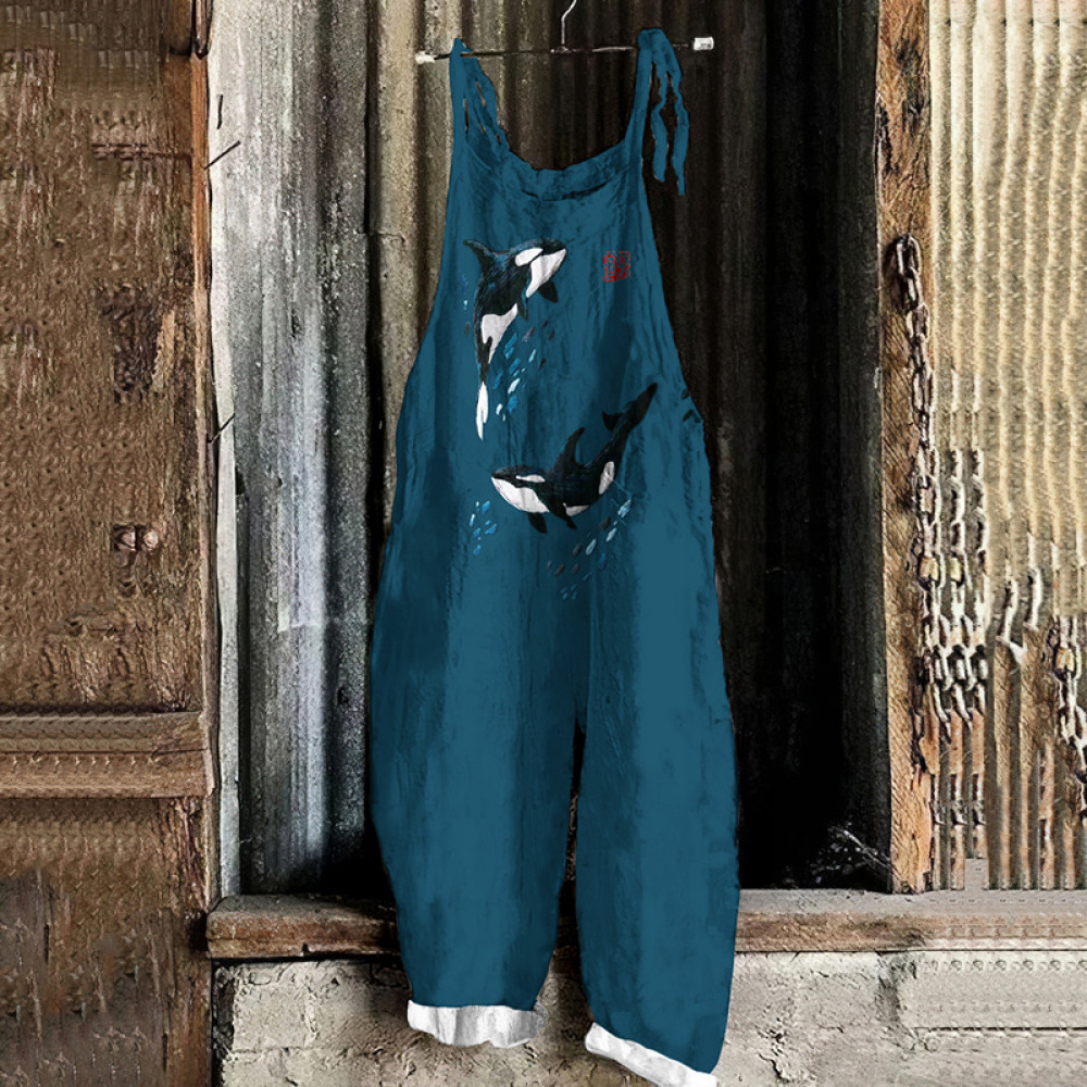 Vintage Whale Linen Blend Loose Casual Jumpsuit
