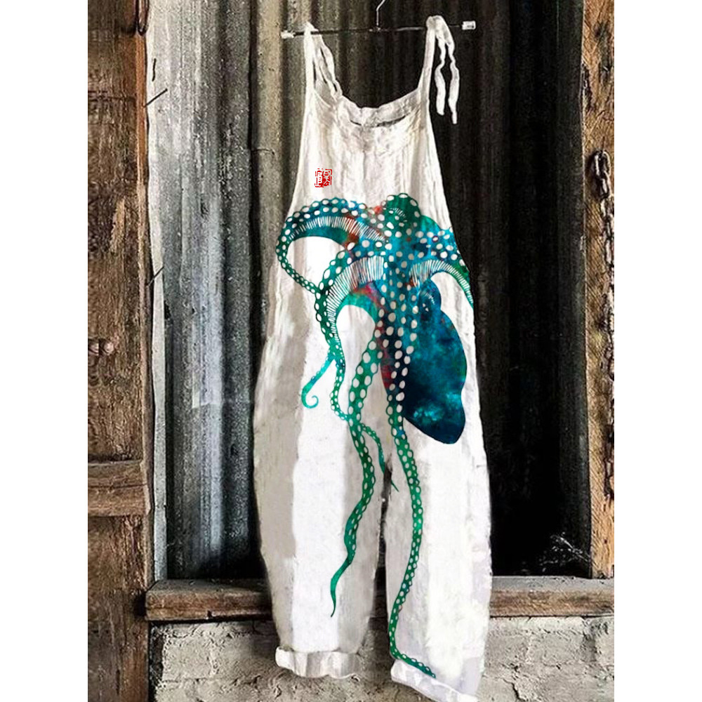 Watercolor Octopus Tentacles Japanese Print Linen Loose Casual Jumpsuit