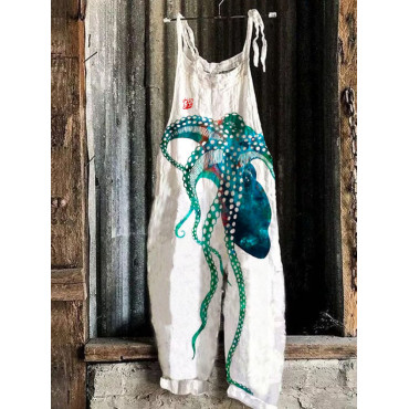 Watercolor Octopus Tentacles Japanese Print Linen Loose Casual Jumpsuit