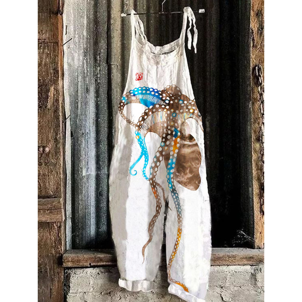 Watercolor Octopus Tentacles Japanese Print Linen Loose Casual Jumpsuit
