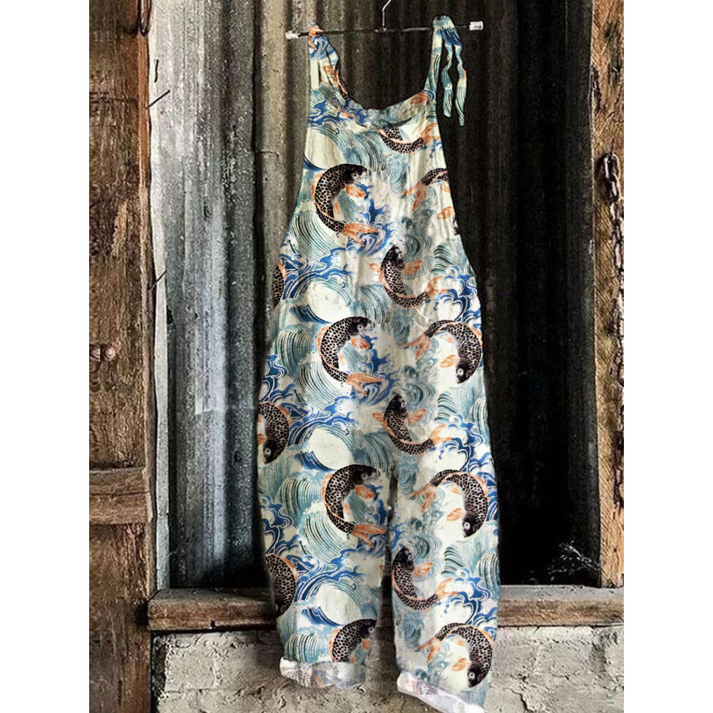 Wave & Carp Japanese Print Linen Blend Casual Jumpsuit