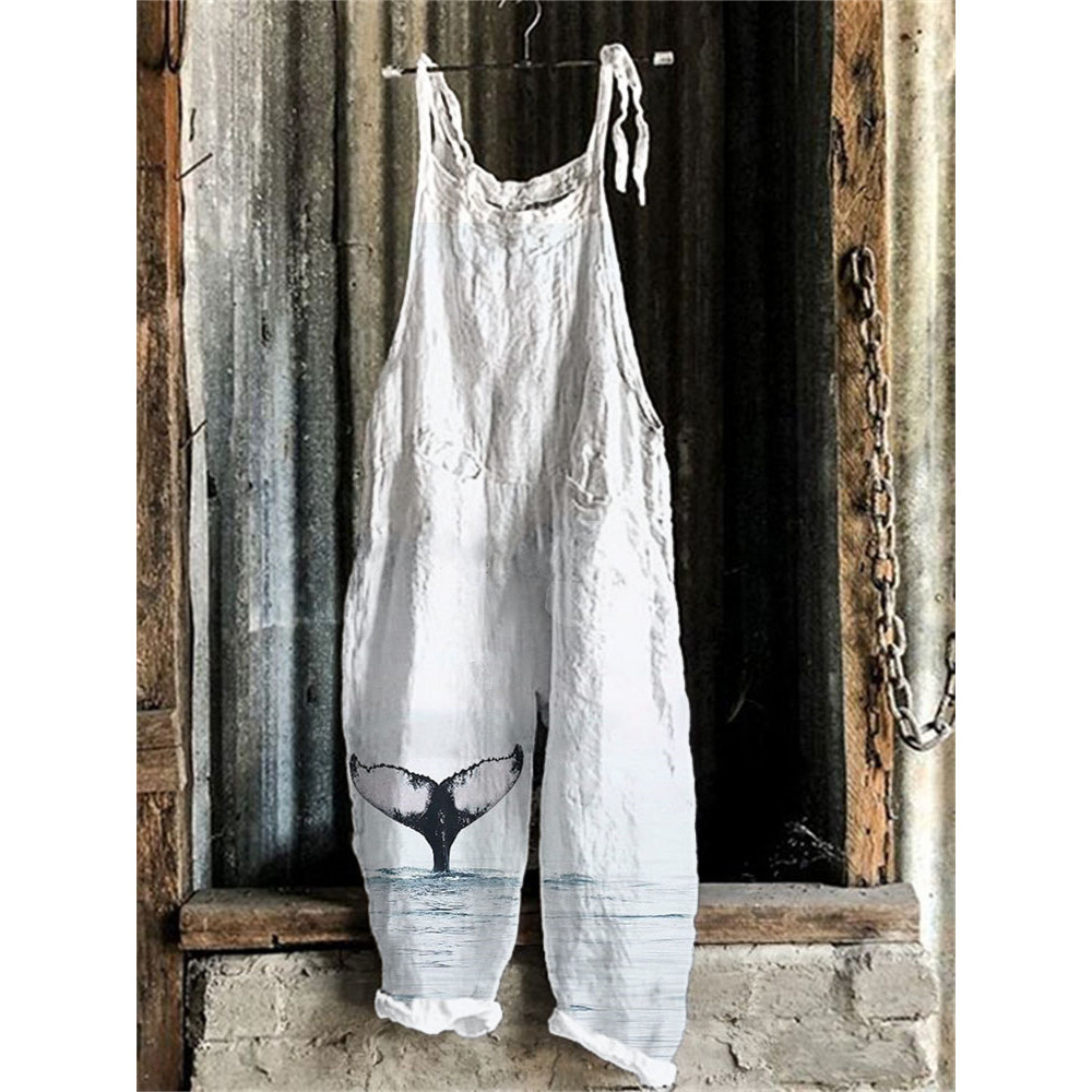 Whale Tail Art Print Linen Blend Casual Jumpsuit