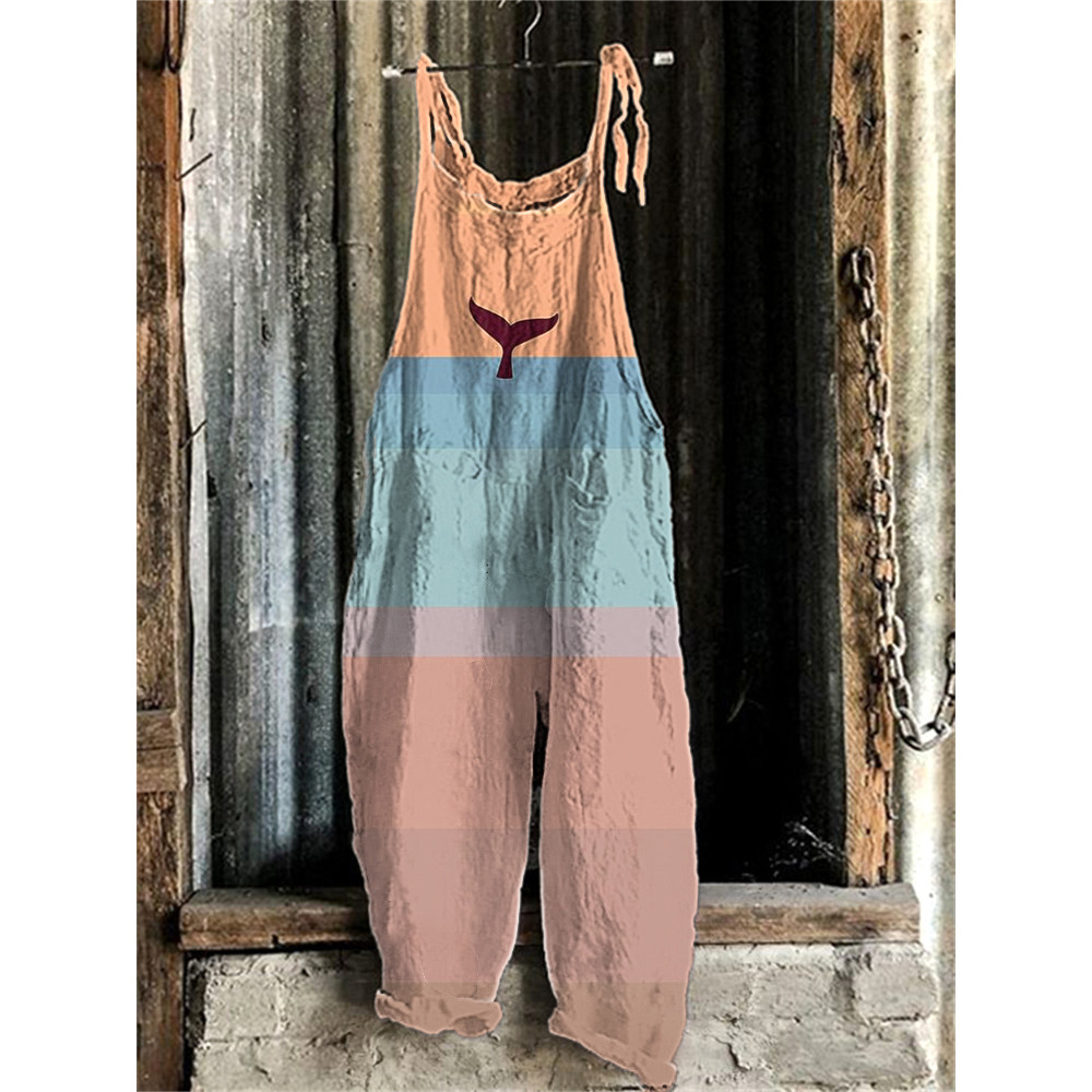 Whale Tail Print Linen Blend Casual Jumpsuit