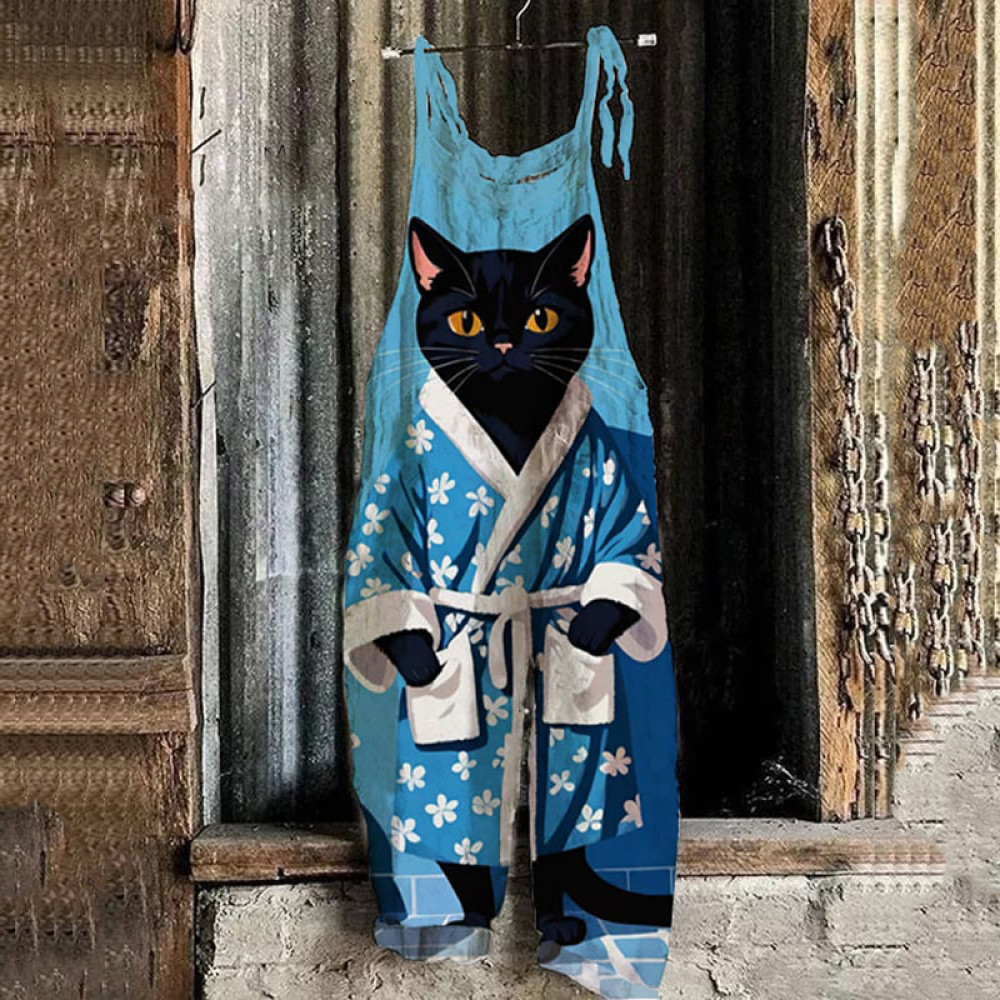 Women'S Black Cat Bathrobe Print Linen Blend Loose Fit Comfy Jumpsuit