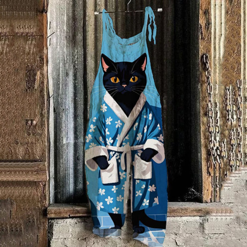 Women'S Black Cat Bathrobe Print Linen Blend Loose Fit Comfy Jumpsuit