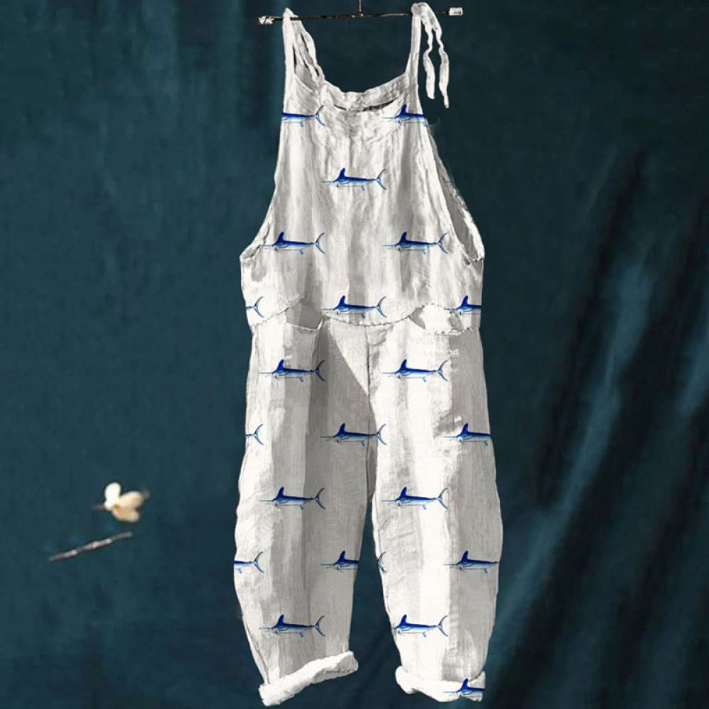 Women'S Vintage Fish Art Print Linen Blend Loose Fit Comfy Jumpsuit