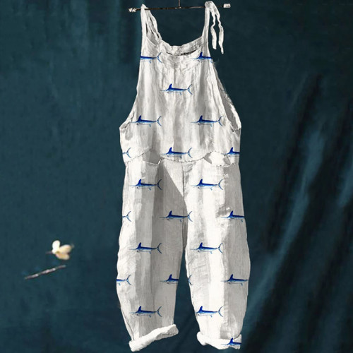Women'S Vintage Fish Art Print Linen Blend Loose Fit Comfy Jumpsuit