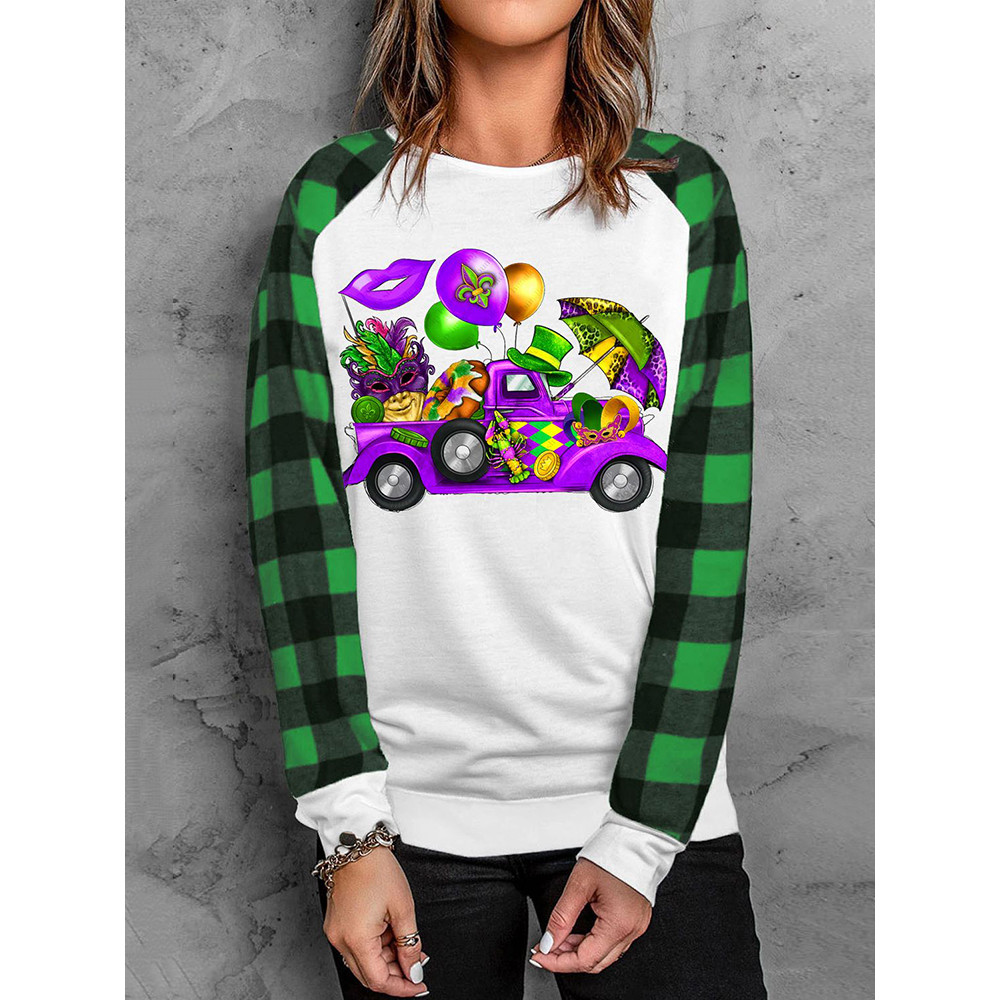 Carnival Day Truck Plaid Round Neck T-Shirt