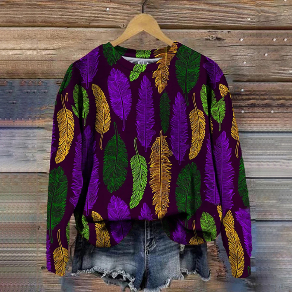 Casual Women's Mardi Gras Feather Print Crew Neck Sweatshirt