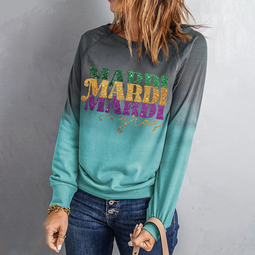 Gradient Mardi Gras Letter Round Neck Sweatshirt