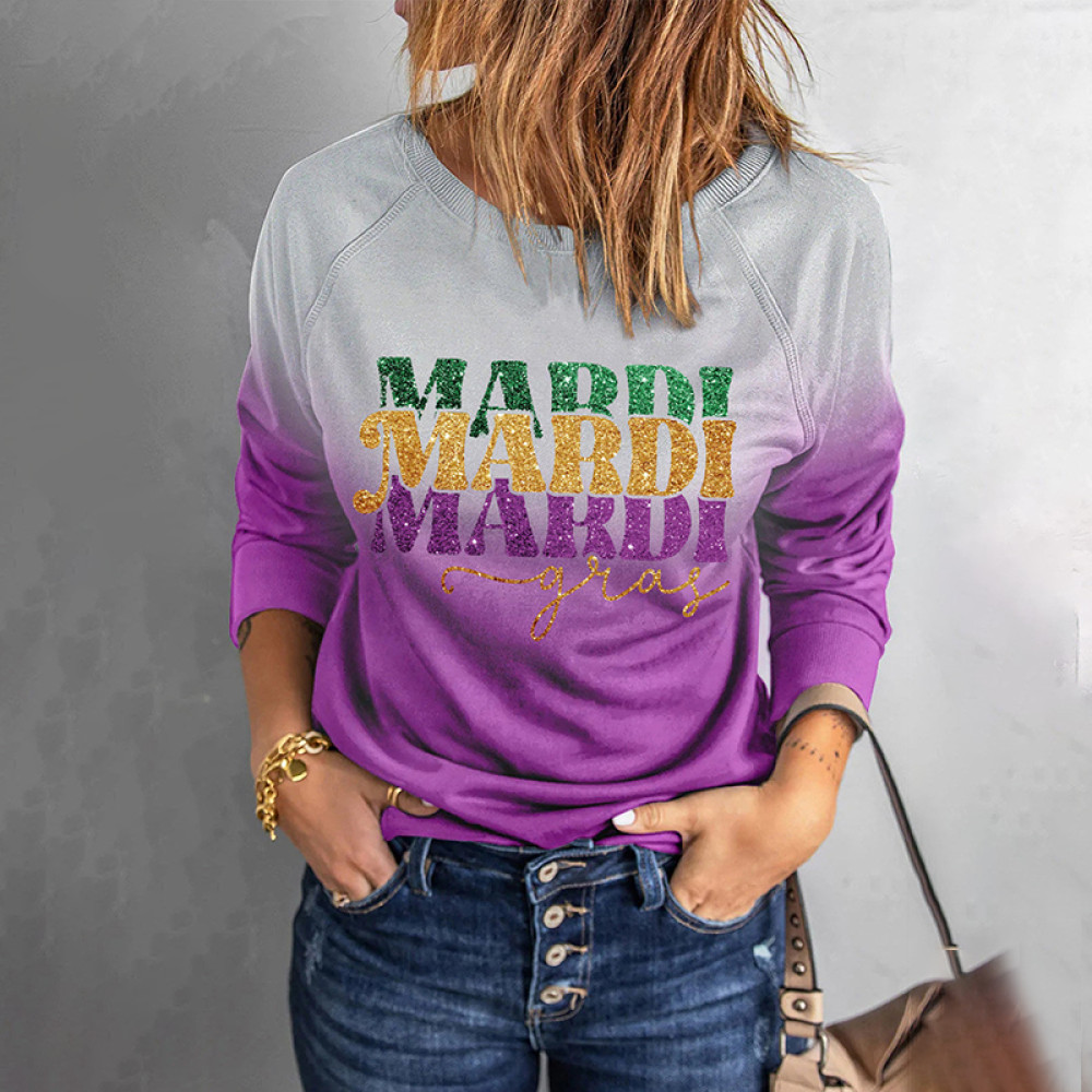 Gradient Mardi Gras Letter Round Neck Sweatshirt