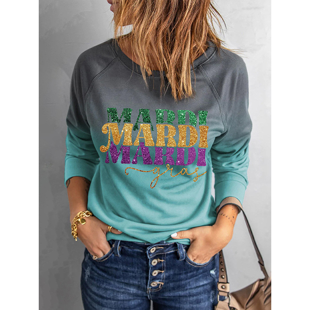 Gradient Mardi Gras Letter Round Neck Sweatshirt