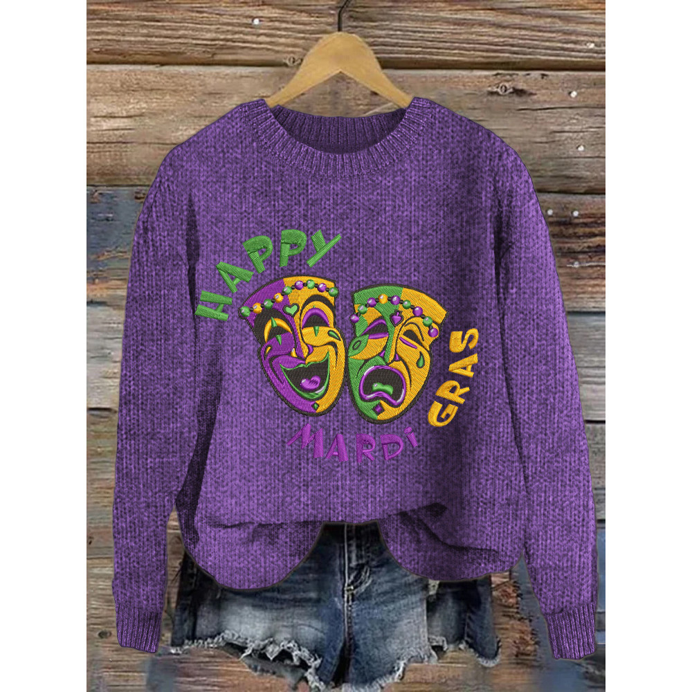 Happy Mardi Gras Crew Neck Cozy Sweater