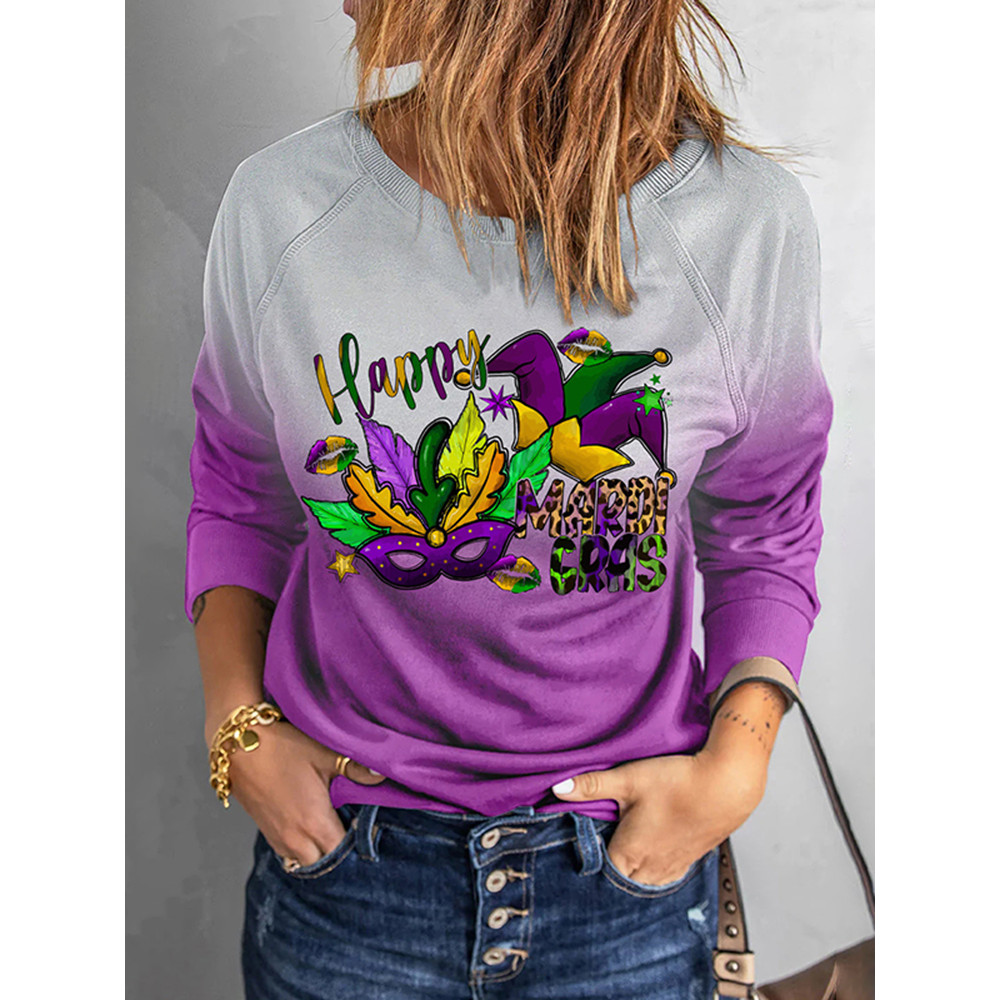 Happy Mardi Gras Graphic Round Neck Casual Sweatshirt