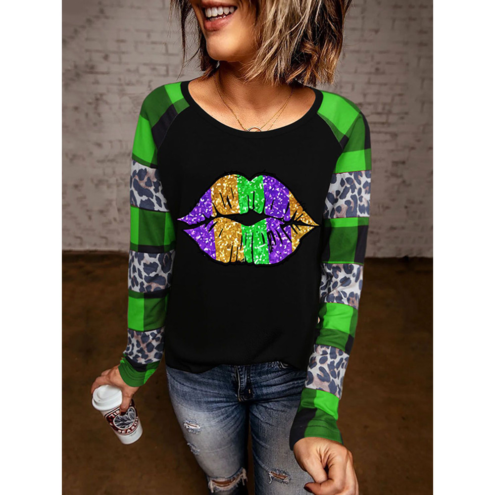 Leopard Plaid Round Neck Mardi Gras T-Shirt