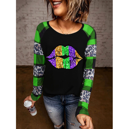 Leopard Plaid Round Neck Mardi Gras T-Shirt