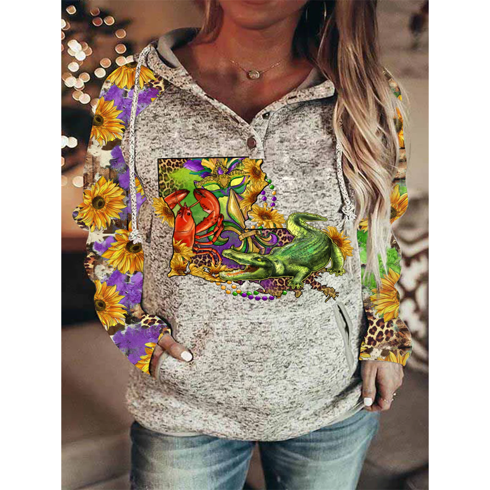 Louisiana Map With Mardi Gras Crocodile Crawfish Western Sunflower Leopard Print Hoodie
