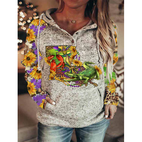 Louisiana Map With Mardi Gras Crocodile Crawfish Western Sunflower Leopard Print Hoodie
