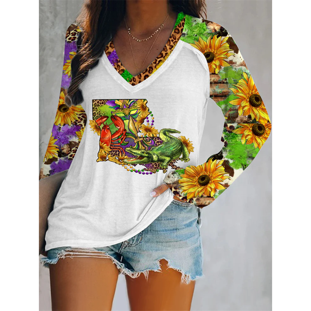 Louisiana Map With Mardi Gras Crocodile Crawfish Western Sunflower Leopard Print V-Neck Long Sleeve Tee
