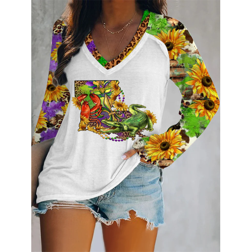 Louisiana Map With Mardi Gras Crocodile Crawfish Western Sunflower Leopard Print V-Neck Long Sleeve Tee