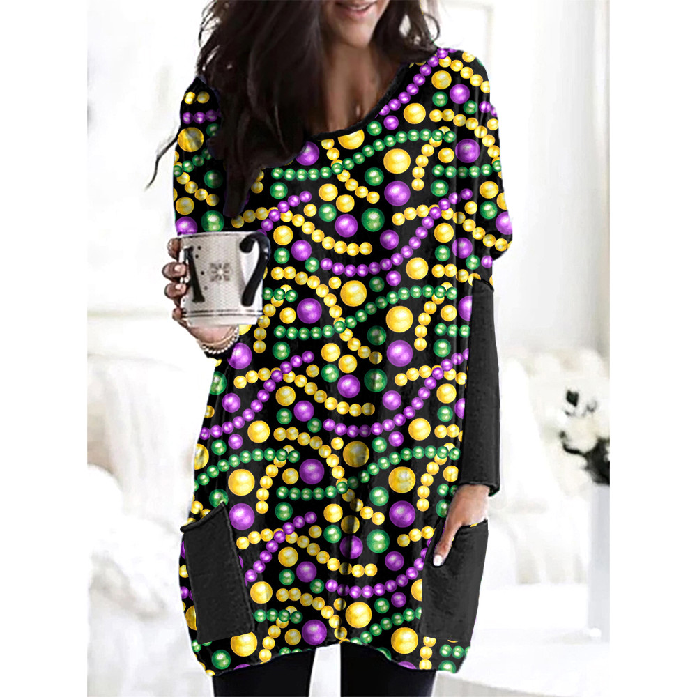 Mardi Gras Beaded Print Casual Cozy Long T-Shirt