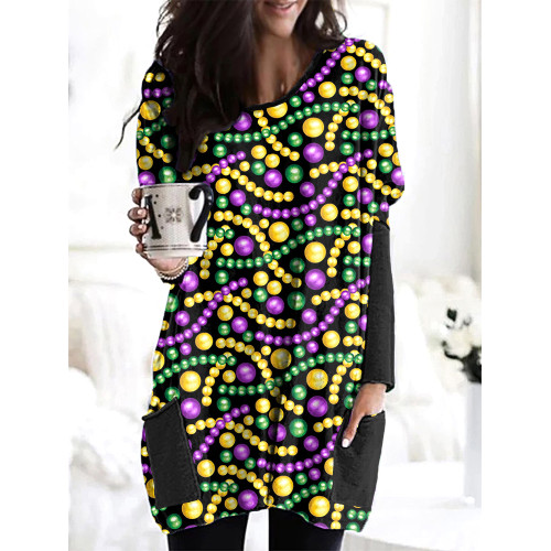 Mardi Gras Beaded Print Casual Cozy Long T-Shirt