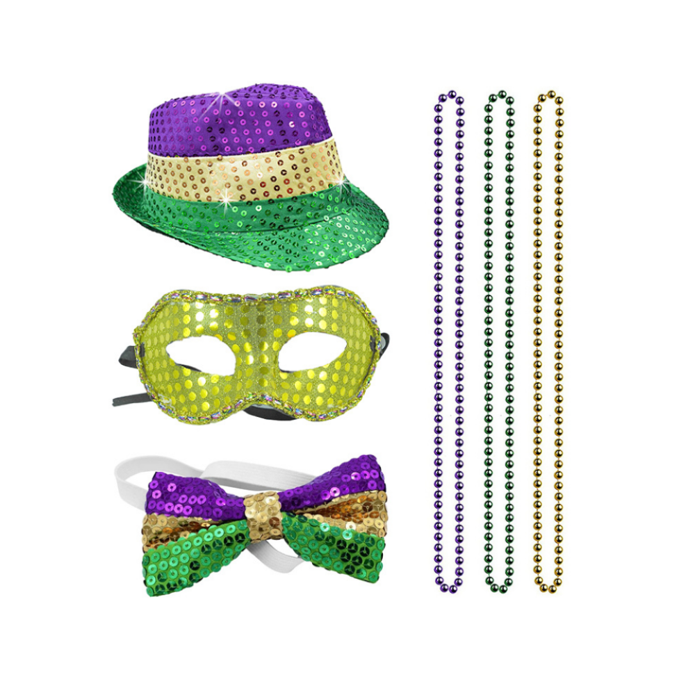 Mardi Gras Beads And Mask Cap Four-Piece Set