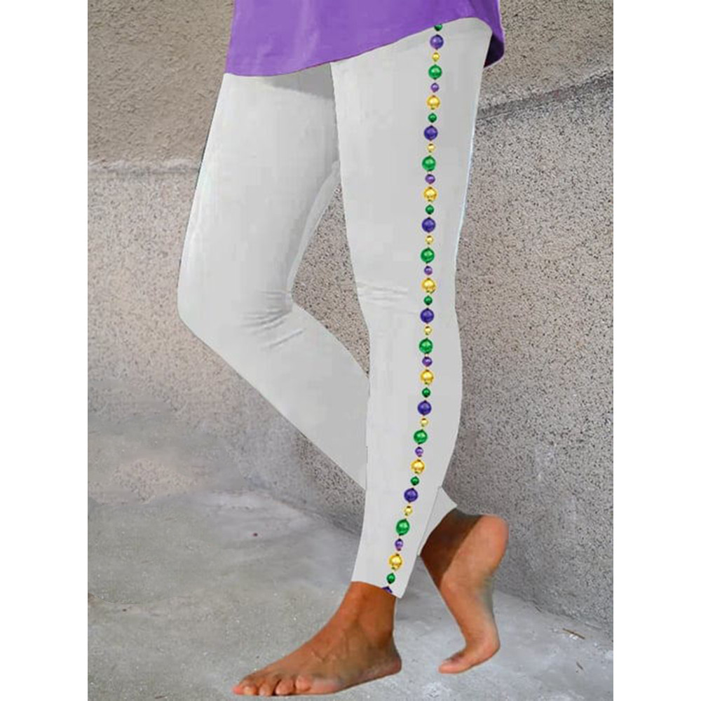 Mardi Gras Beads Print Casual Cozy Stretch Leggings