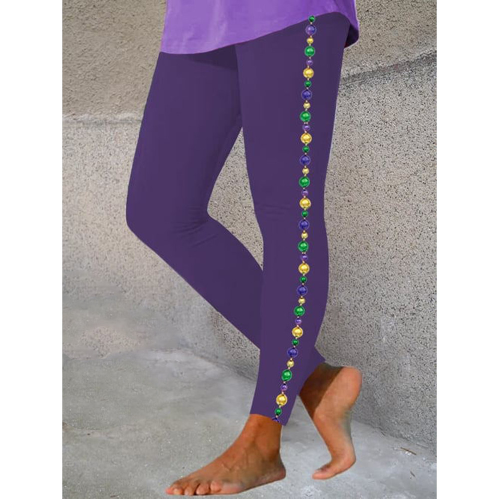 Mardi Gras Beads Print Casual Cozy Stretch Leggings
