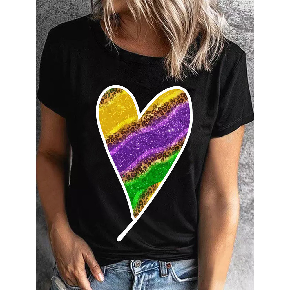 Mardi Gras Carnival Heart-Shaped Striped T-Shirt