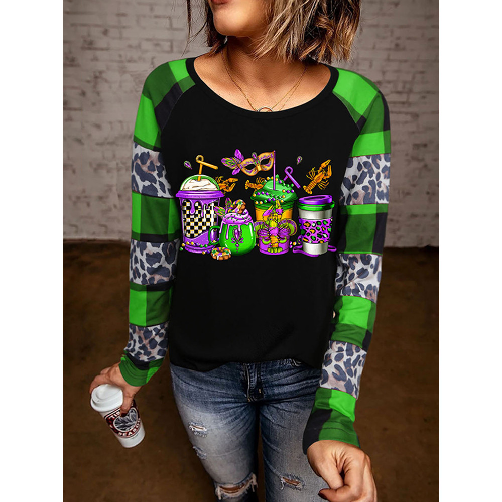 Mardi Gras Carnival Leopard Plaid Round Neck T-Shirt