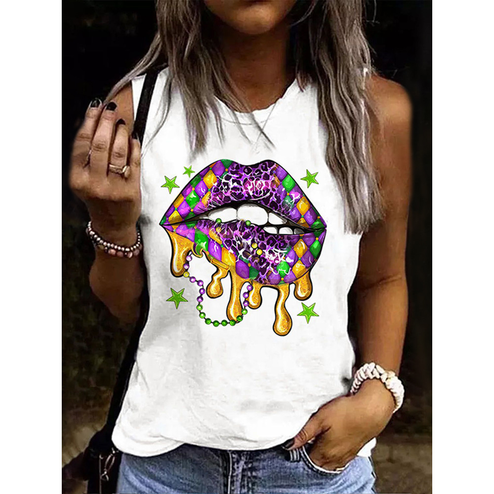 Mardi Gras Carnival Lips Round Neck Tank Top