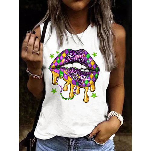 Mardi Gras Carnival Lips Round Neck Tank Top