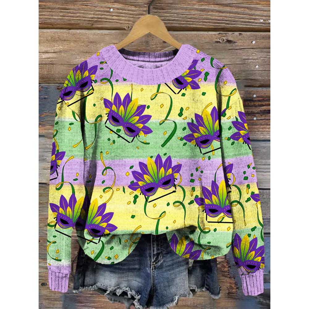 Mardi Gras Carnival Masks Stripe Graphic Cozy Sweater