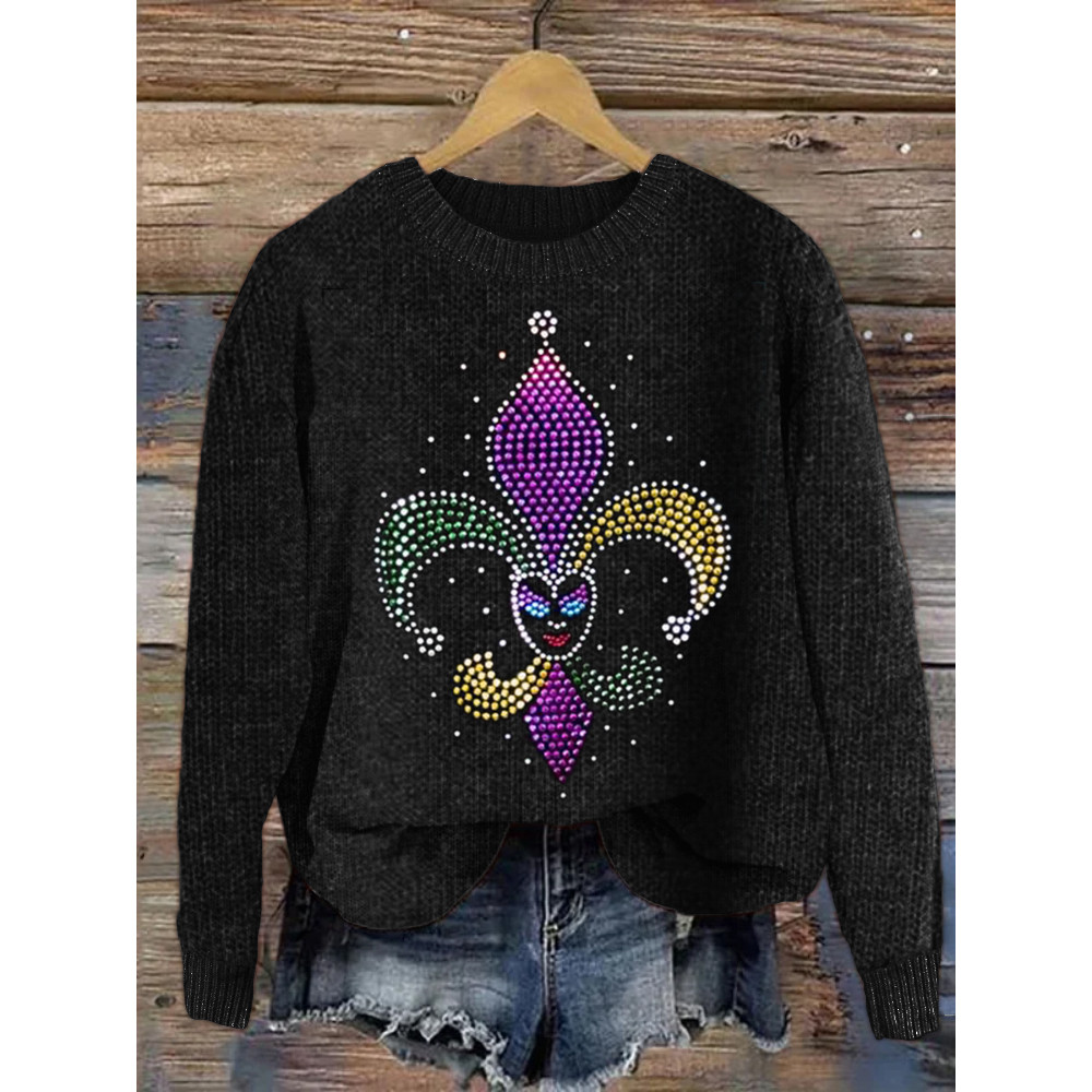 Mardi Gras Clown Fleur de lis Rhinestone Art Cozy Sweater