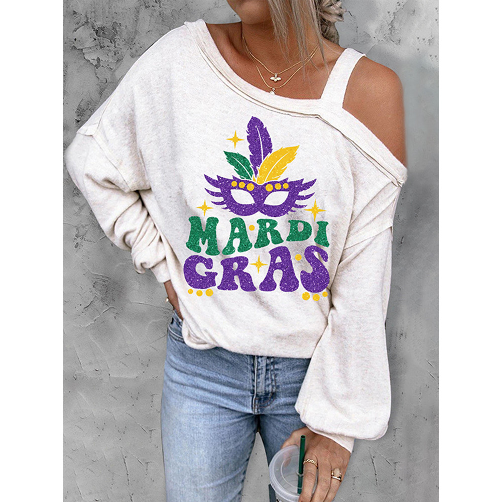 Mardi Gras Cold Shoulder Asymmetrical Neck Casual T-Shirt