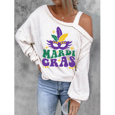 Mardi Gras Cold Shoulder Asymmetrical Neck Casual T-Shirt