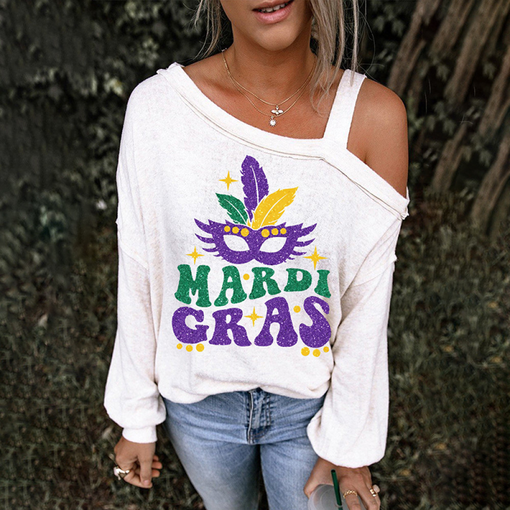 Mardi Gras Cold Shoulder Asymmetrical Neck Casual T-Shirt