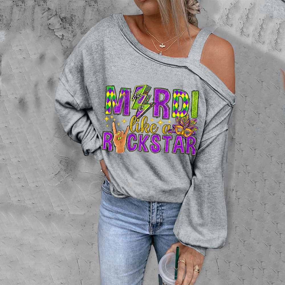 Mardi Gras Cold Shoulder Asymmetrical T-Shirt
