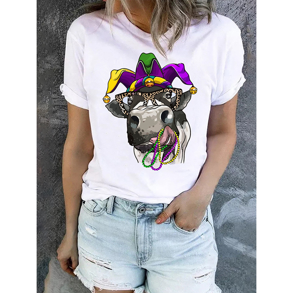 Mardi Gras Cow Graphic Round Neck T-Shirt