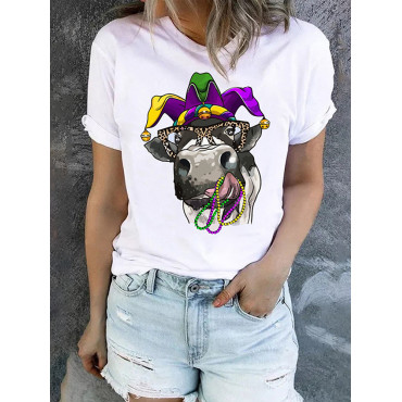 Mardi Gras Cow Graphic Round Neck T-Shirt