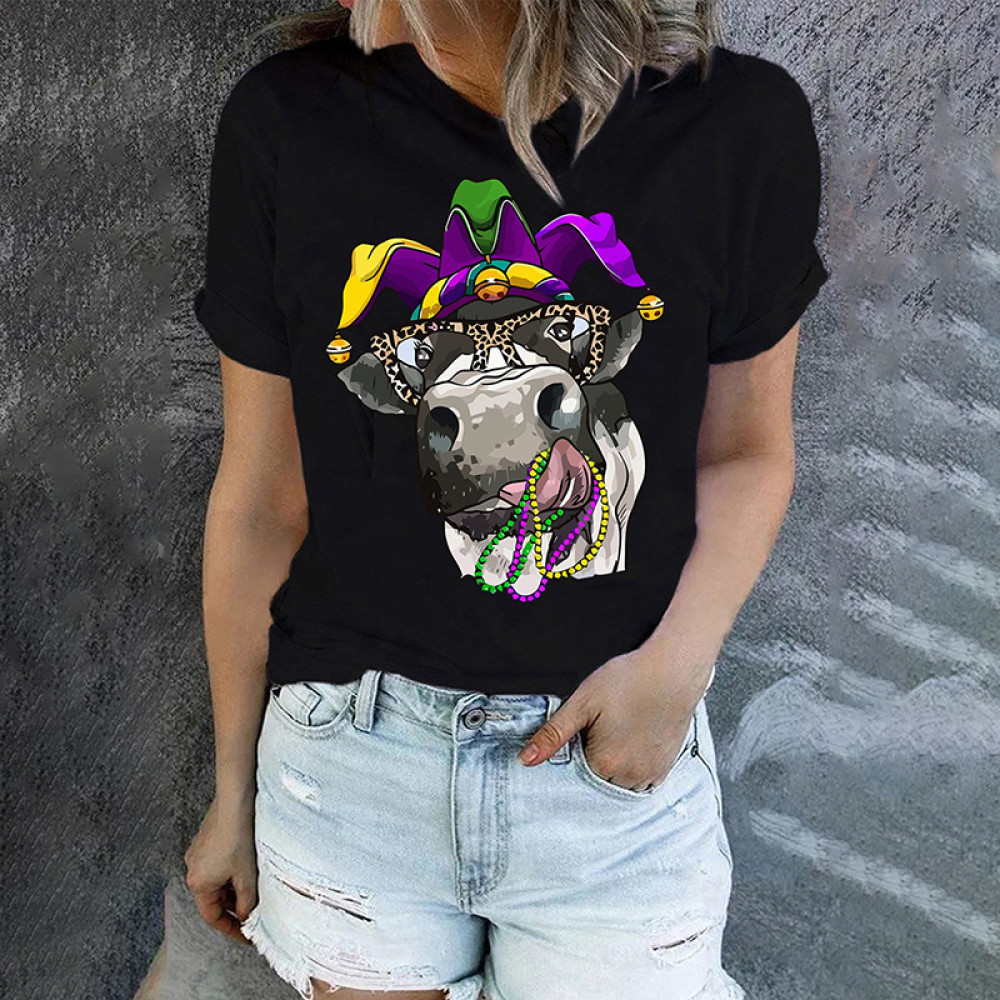 Mardi Gras Cow Graphic Round Neck T-Shirt