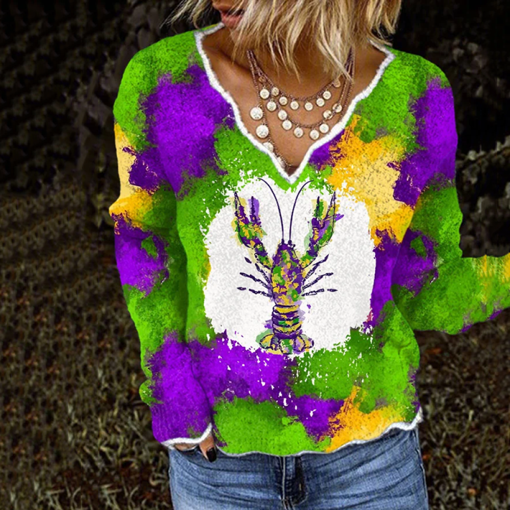 Mardi Gras Crawfish Neckline Knit Sweater