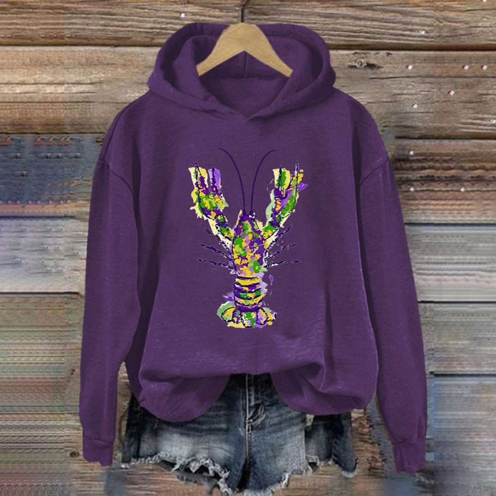 Mardi Gras Crawfish Print Casual Hoodie