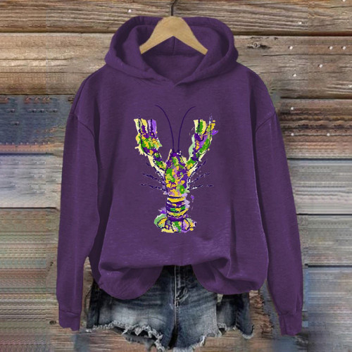 Mardi Gras Crawfish Print Casual Hoodie