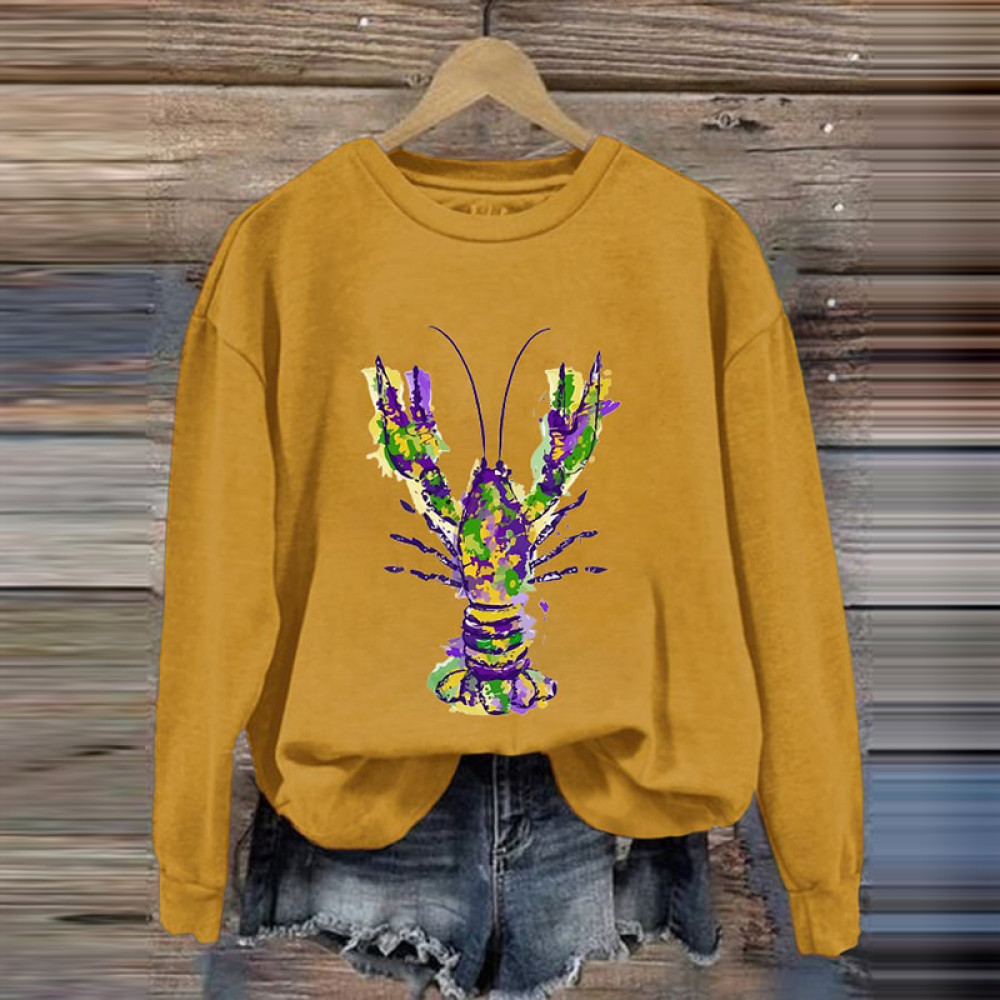 Mardi Gras Crawfish Print Casual Long Sleeve Sweatshirt