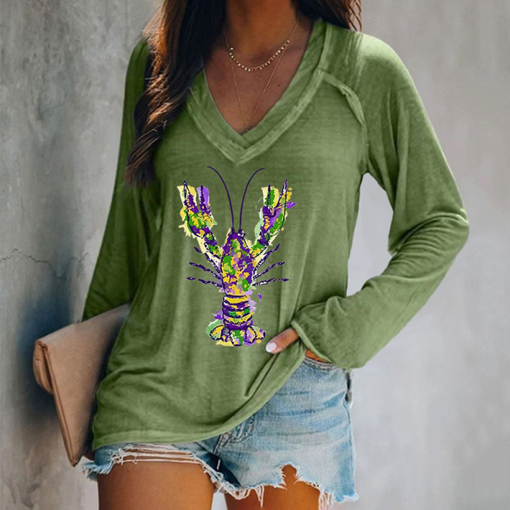Mardi Gras Crawfish Print V-Neck Long Sleeve T-Shirt