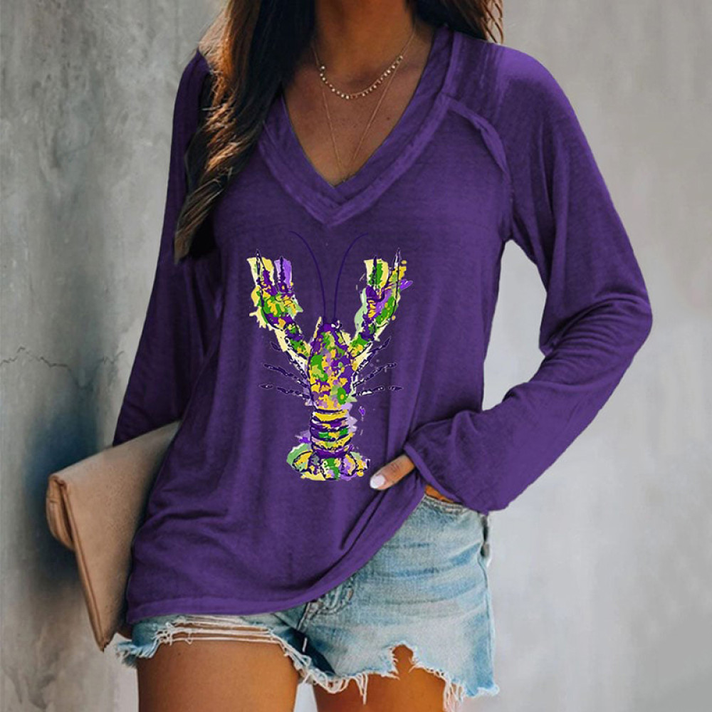 Mardi Gras Crawfish Print V-Neck Long Sleeve T-Shirt