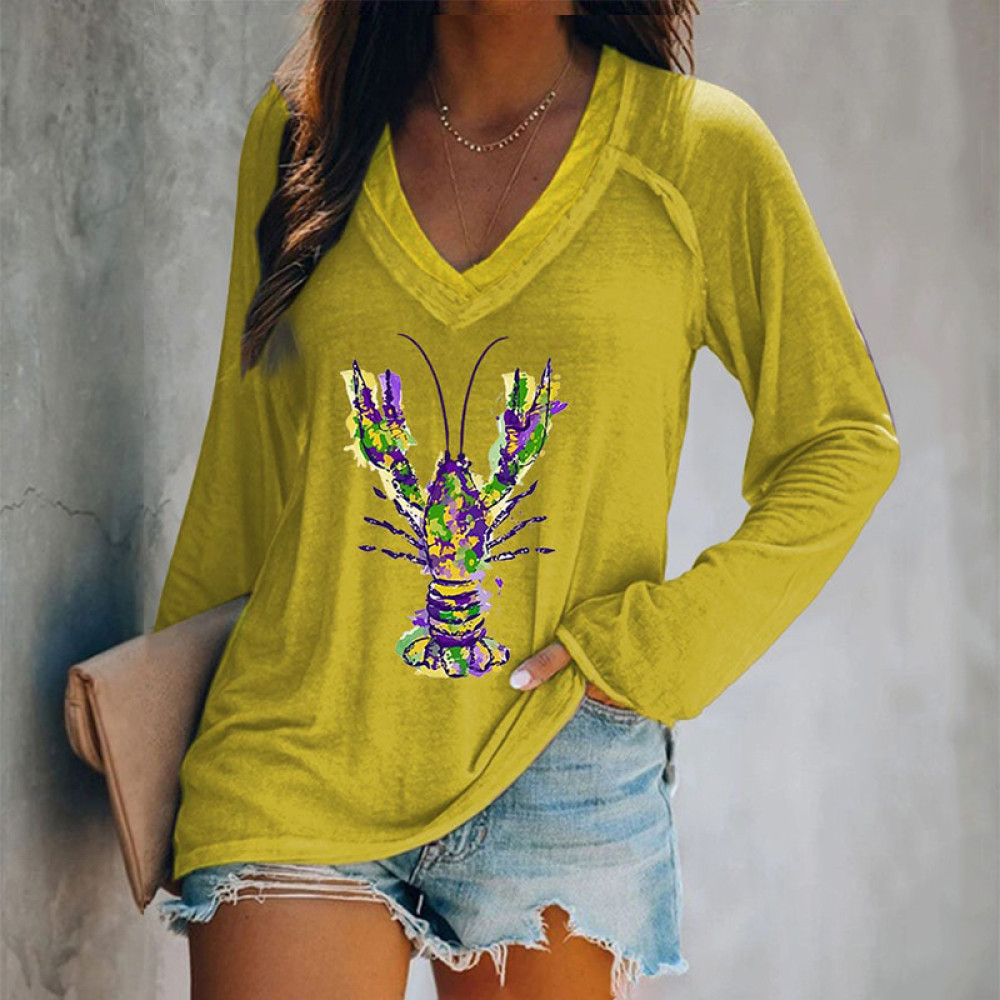 Mardi Gras Crawfish Print V-Neck Long Sleeve T-Shirt