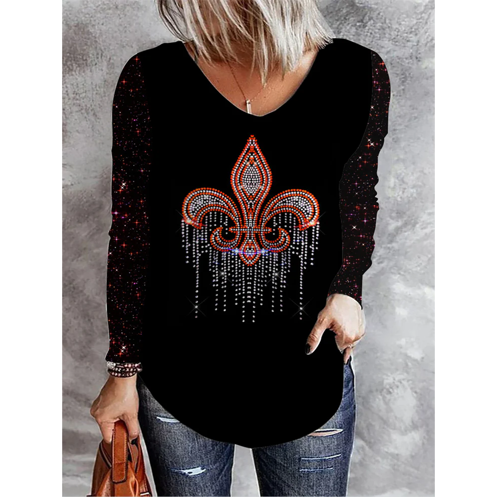 Mardi Gras Crystal Pattern V Neck Casual Long Sleeve T-shirt